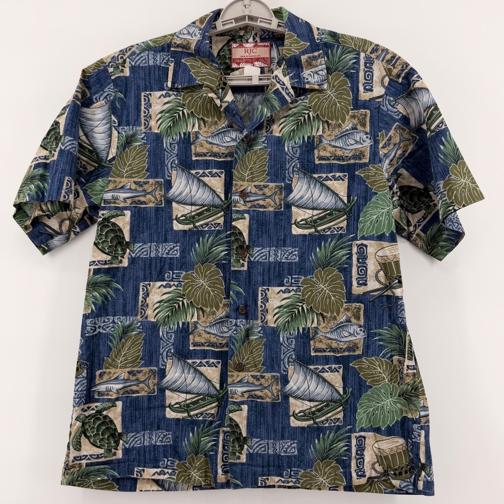 RJC Hawaiian Shirt Mens Medium Blue Cotton Sea Turtle Shark Canoe Made in Hawaii